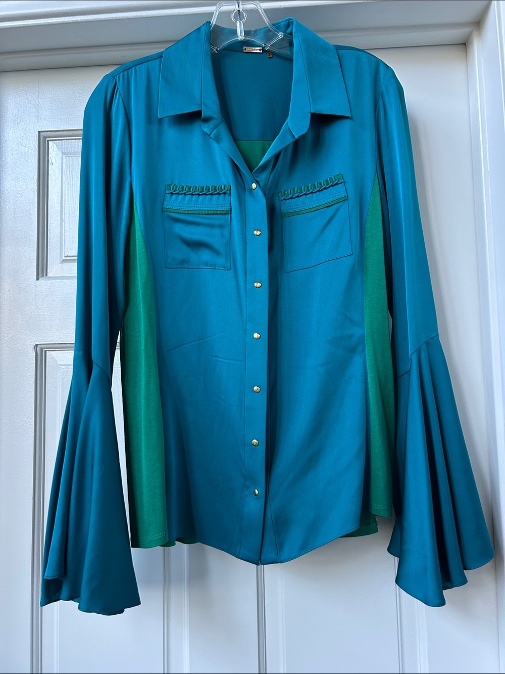 Elie Tahari Teal Button-Front Bell Sleeve Shirt with Green Insets